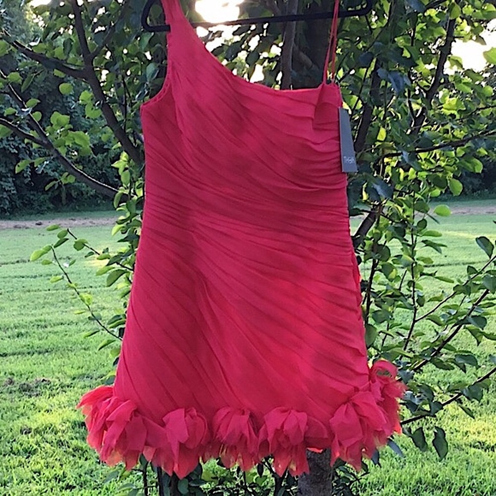 Theia Couture one shoulder Red 100% Silk Cocktail Dress with rosettes at Hem